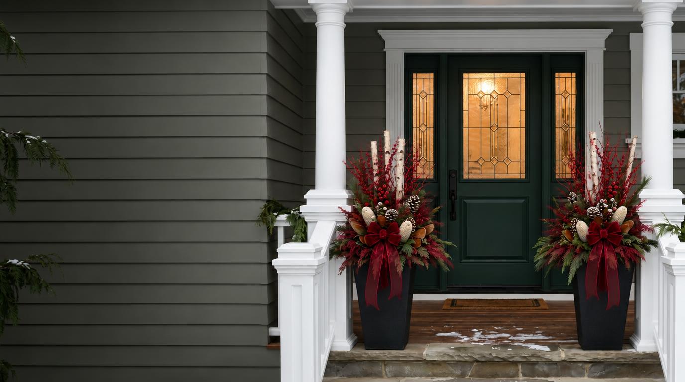 Fresh evergreen planters framing a warmly lit Ontario front porch